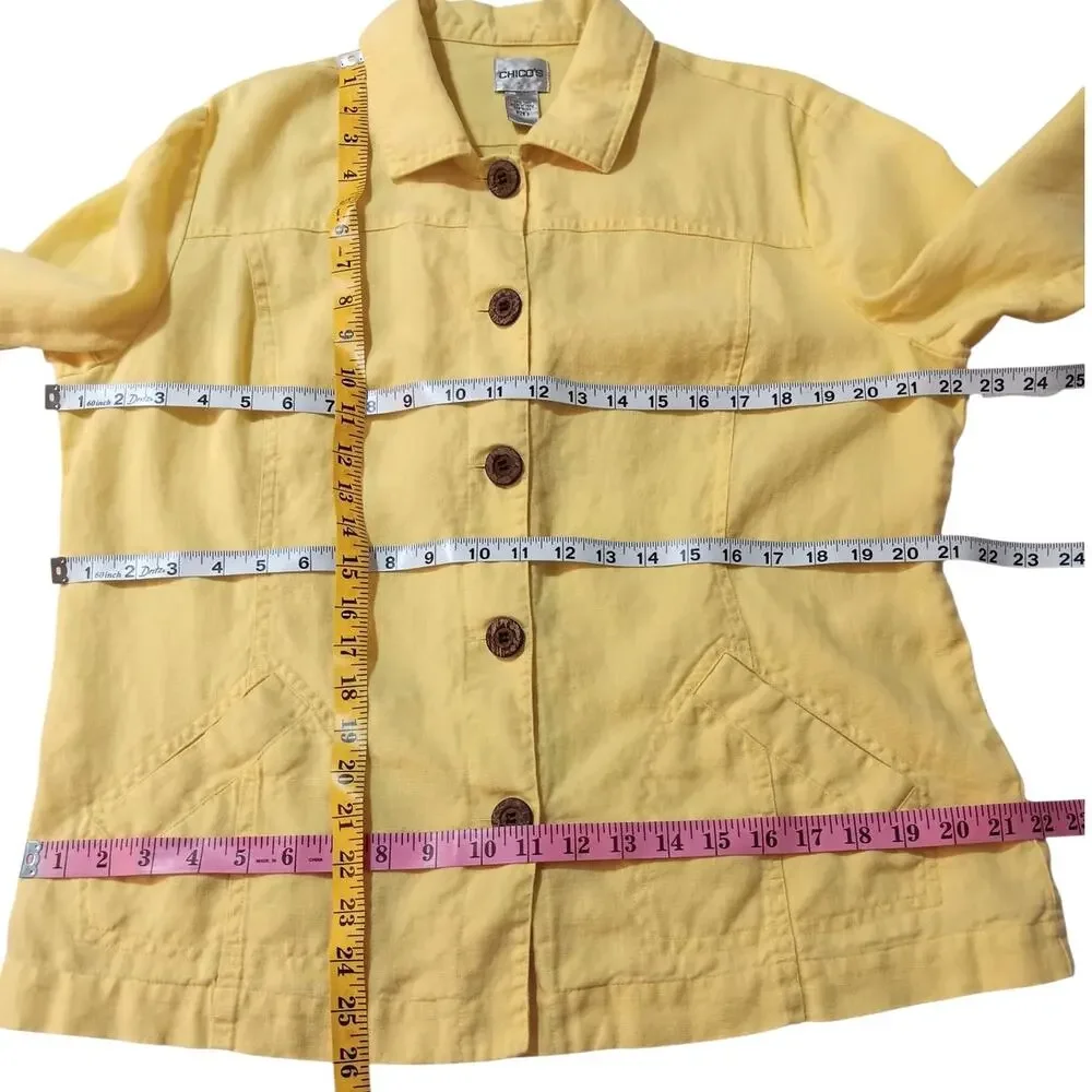 CHICO'S 1 Yellow 100% Linen Jacket M Pockets Light Office Career Travel Vacation